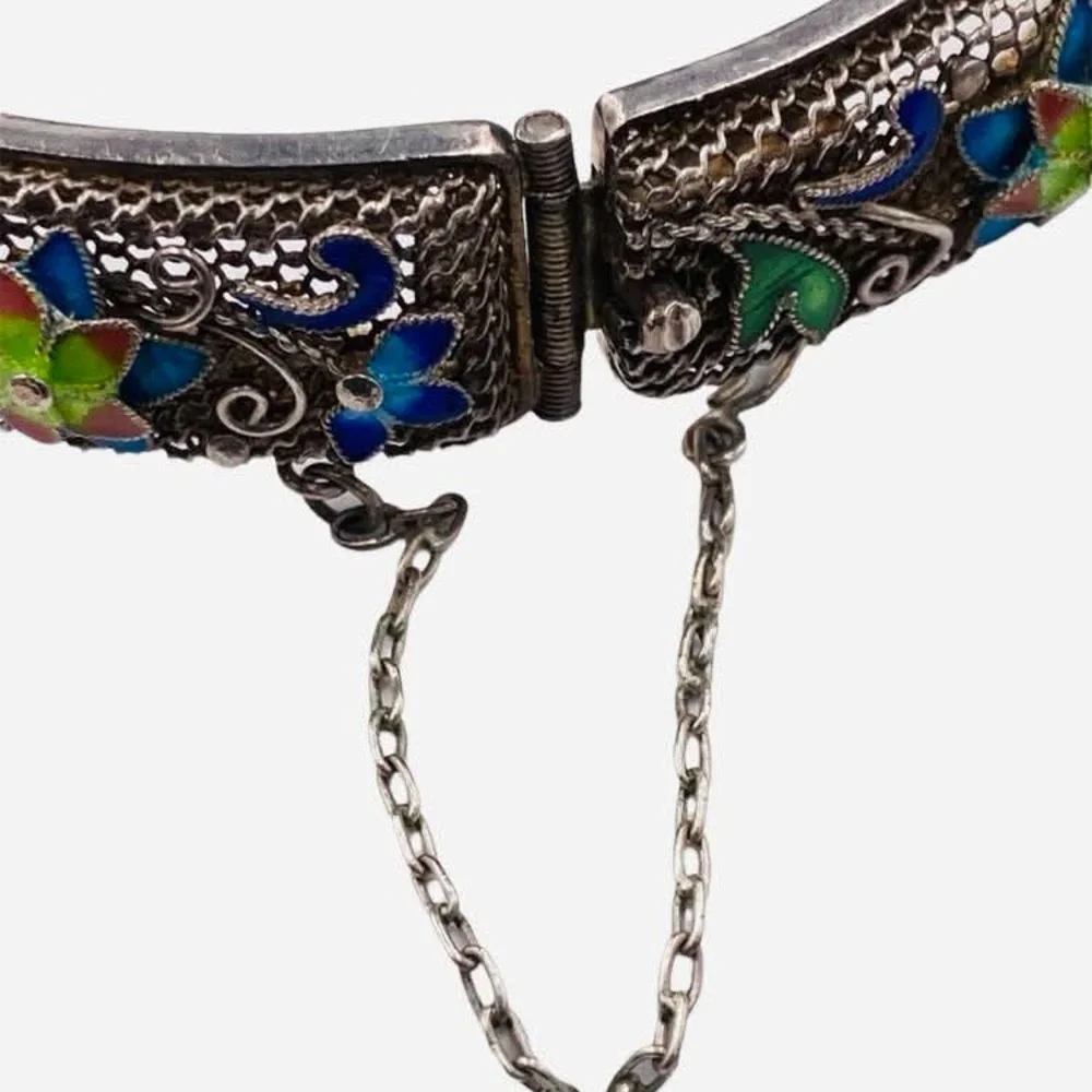 Exquisite Antique Chinese Export Silver Filigree Enamel Bracelet
